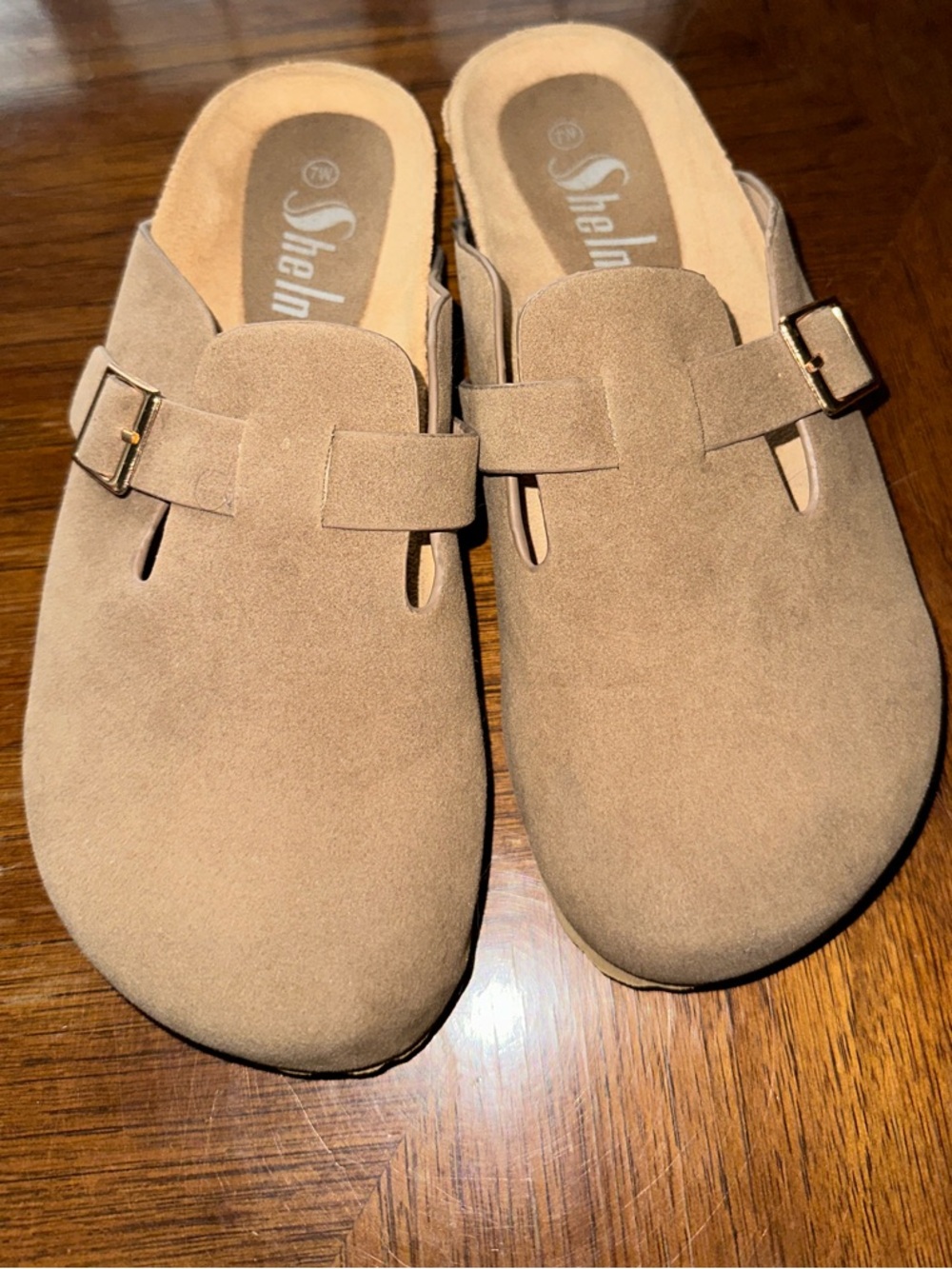 SHEIN Taupe Faux Suede Slip-On Buckle Mules